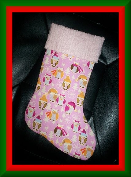 Pink Owl and Chenille Handmade Christmas Stocking FREE US and Canada SHIPPING