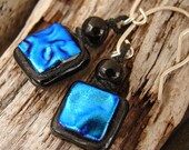 Shimmery rippled blue glass on black - dichroic glass drop earrings