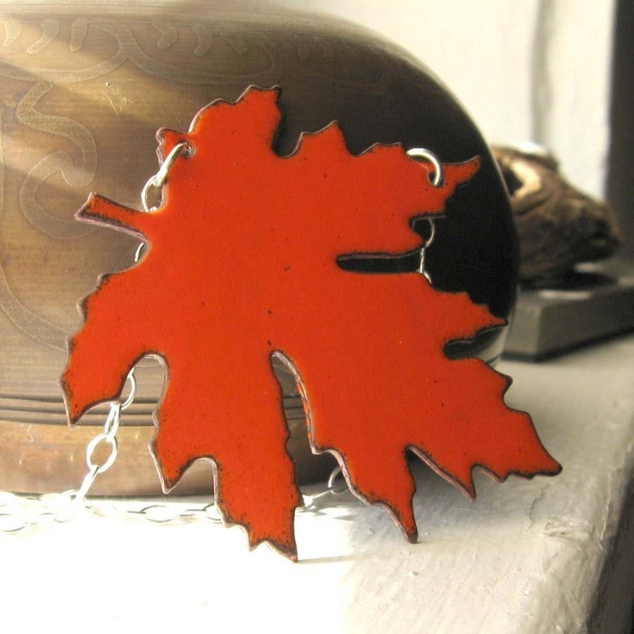 Autumn Maple Leaf - Handmade Orange Enamel Leaf Pendant and Sterling Silver Chain
