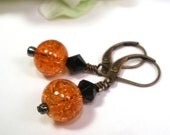 Orange Earrings, Brass Earrings, Crackle Glass, Casual Earrings