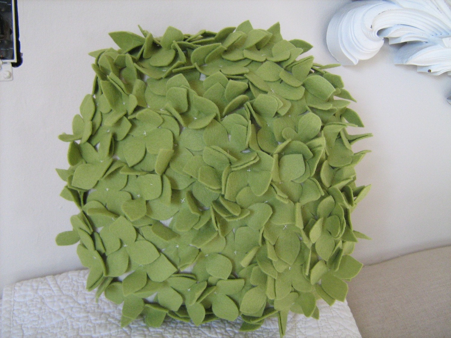 Round Hydrangea Pillow in Sage Green Felt and Linen