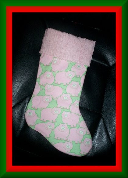 Pink Pigs on Green and Chenille Handmade Christmas Stocking with FREE US and Canada SHIPPING