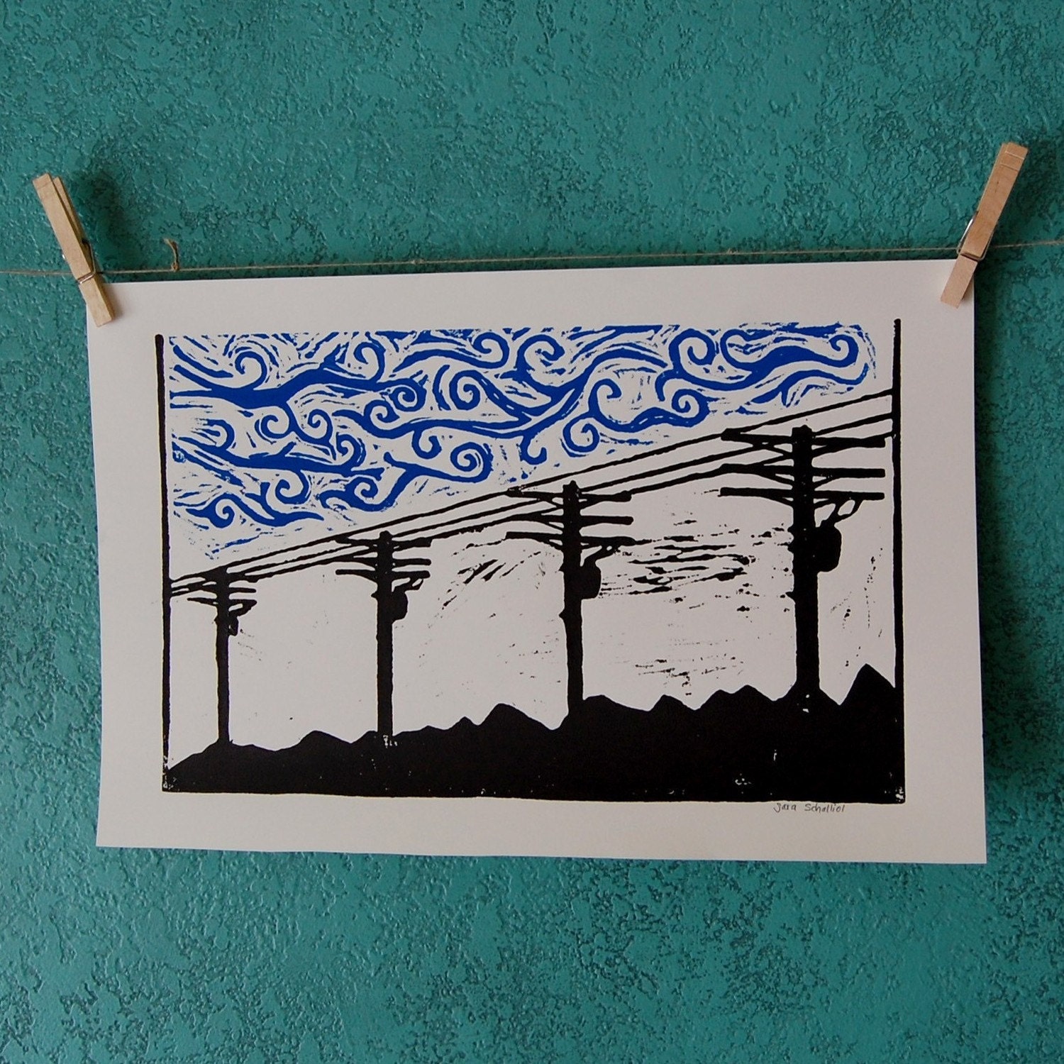 WIND, POWER - 2-color woodcut print