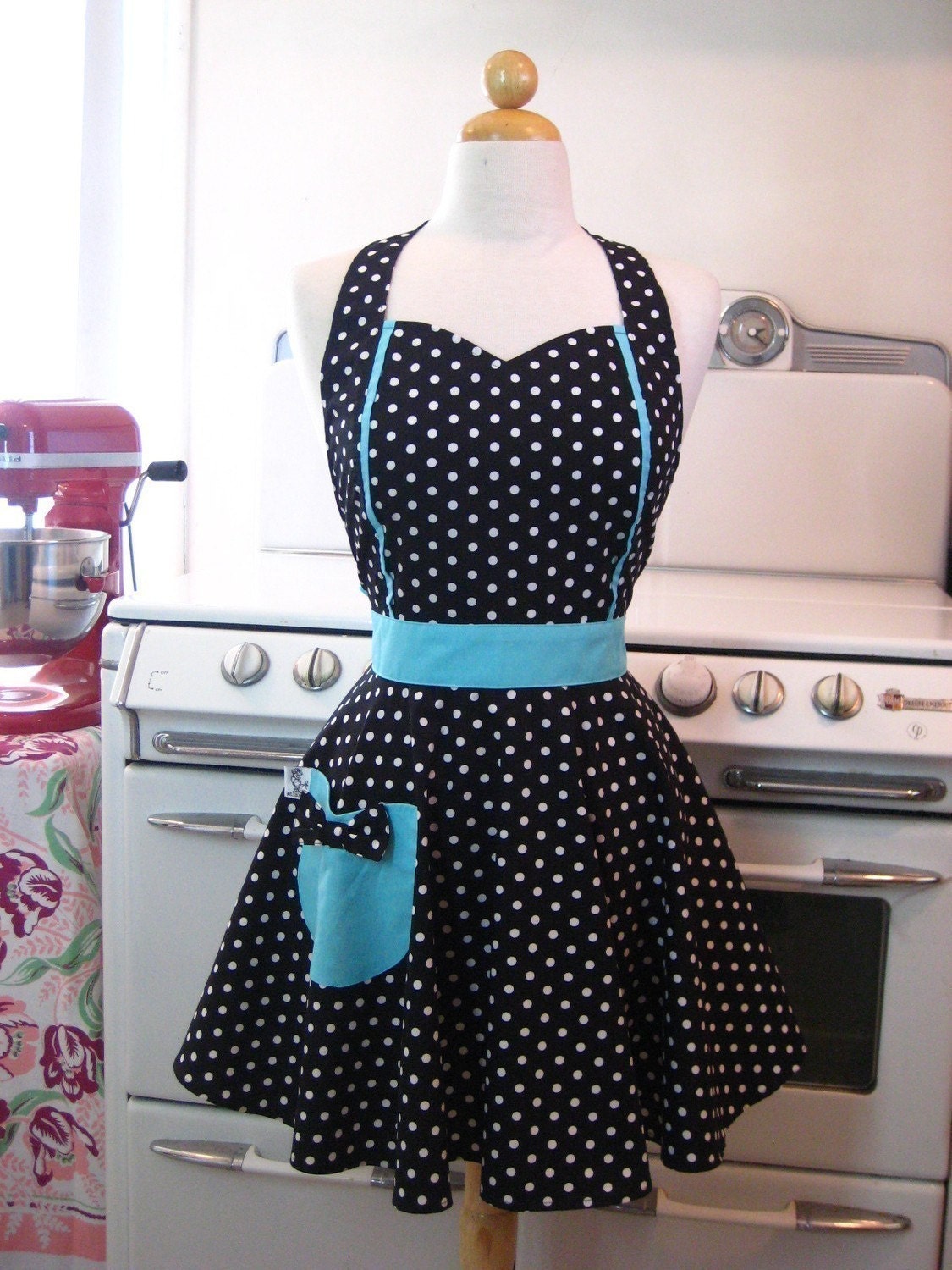 The MAGGIE Vintage Inspired Black and White Polka Dot with AQUA Full Apron