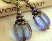 Bronze and Purple Vintage Inspired, Neo Victorian Earrings in Antiqued Brass