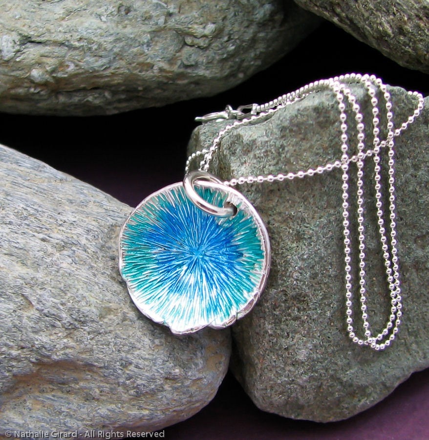 Handmade Necklace Enameled Fine Silver Glass Meditation Gazing Pool Ocean Aqua Blue on Sterling Silver Ball Chain - Water No. 2