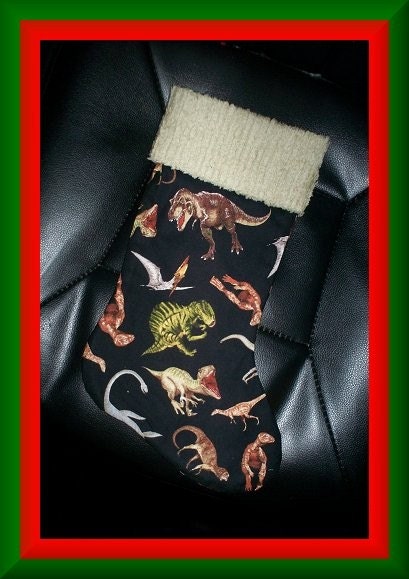 Dinosaurs on Black and Chenille Handmade Christmas Stocking with FREE US and Canada SHIPPING