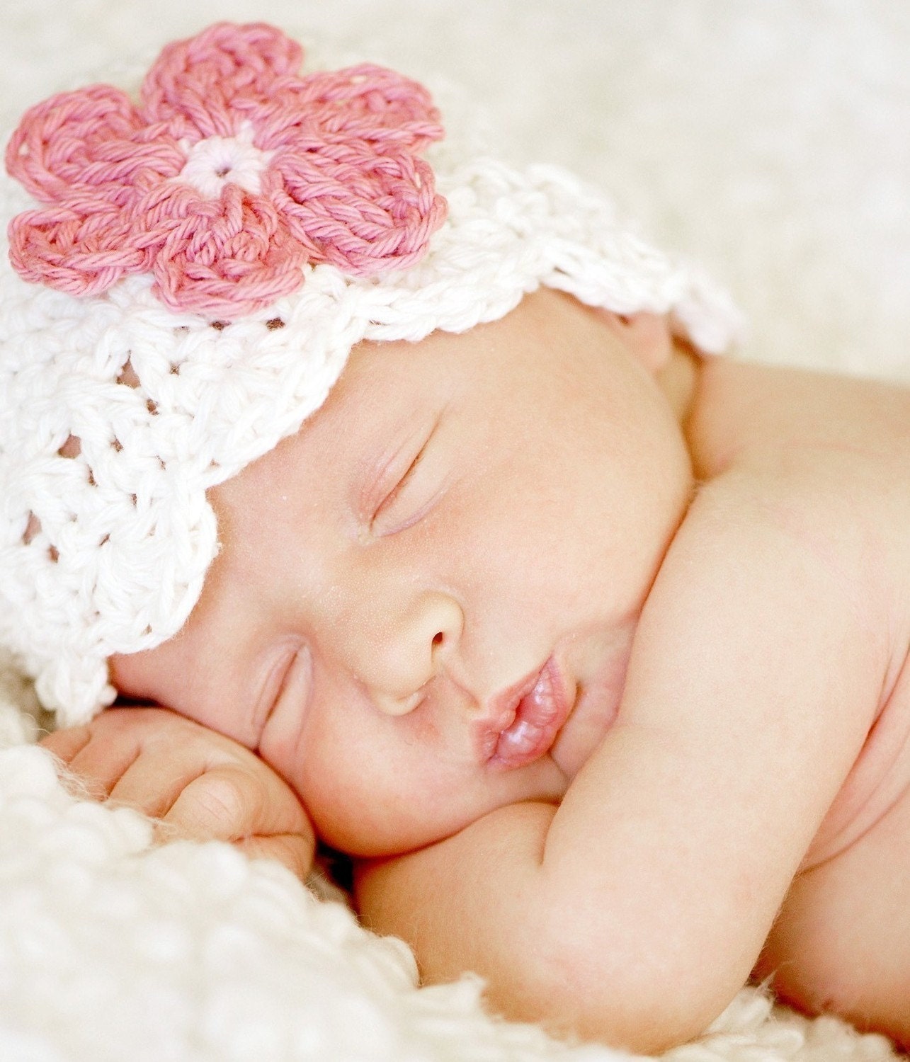 3 to 6 Month Daisy Flapper Beanie - vanilla, pastel pink, rose pink
