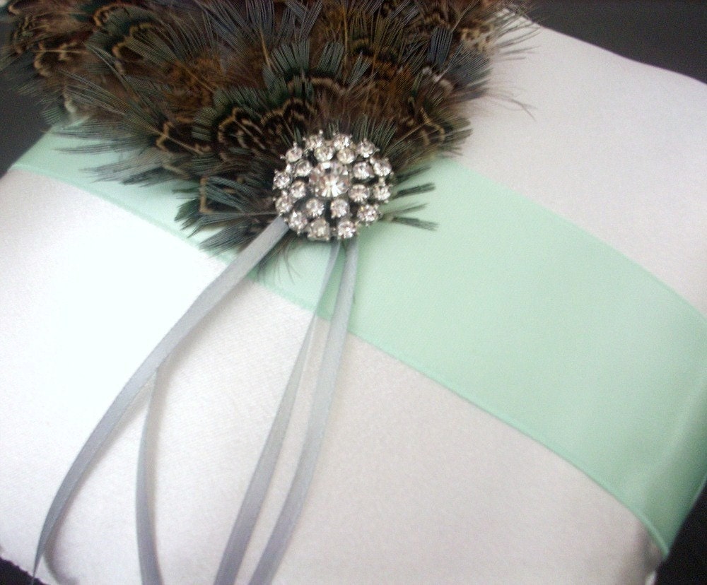 Ivory and Light Mint Green Satin Ring Bearer Pillow with Rhinestone Crystal and Feather Accents - Aqua Flair - AveCBridal