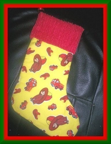 Curious George Fireman and Chenille Handmade Christmas Stocking FREE US and CANADA Shipping