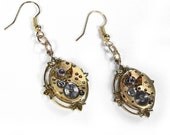 Steampunk Earrings - Vintage Gold Ruby Jeweled Watch Movement Earrings Lotus Leaf Setting - Jewelry by edmdesigns Positively STUNNING