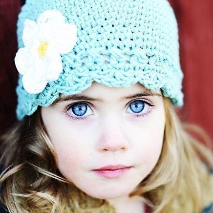 12 to 24 Month Flapper Beanie - robins egg blue, yellow, white