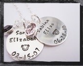 Hand Stamped Necklace - Personalized Jewelry - Sterling Silver 2 disc Birthdate Necklace with Design Stamp and Birthstone