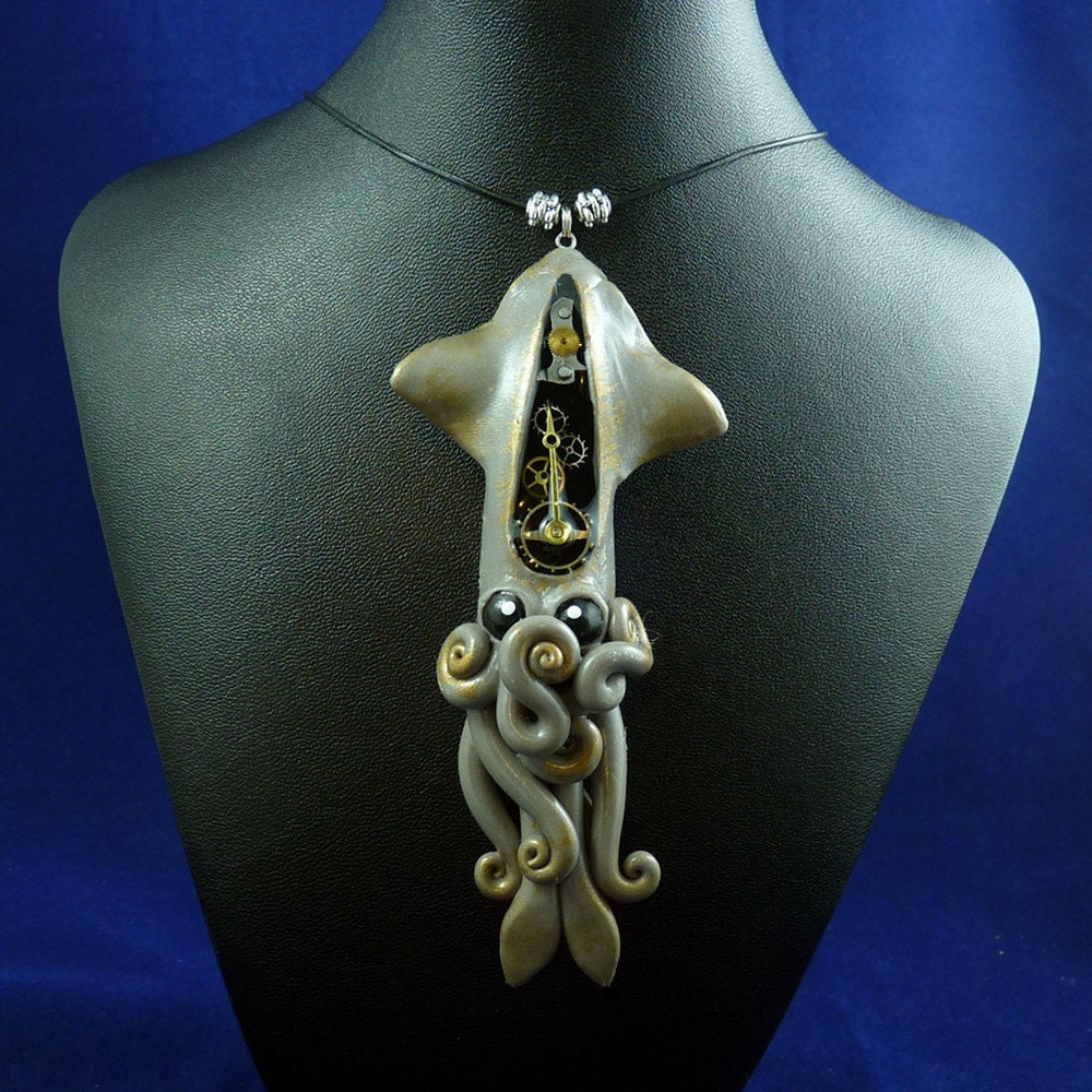 Steampunk Squid Necklace - Handmade Polymer Clay Jewelry