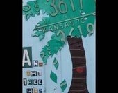 The Giving Tree - Happy Tree - Recycled License Plate Art - Salvaged Wood - Upcycled Artwork