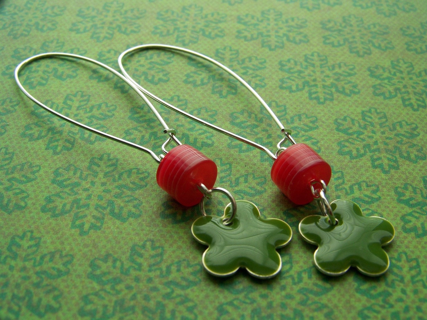 earrings HOLLY green enamel flower with red acrylic bead Christmas - FREE SHIPPING