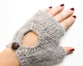 hand knit mittens DRIVER angora with crochet finishing and button in grey melange
