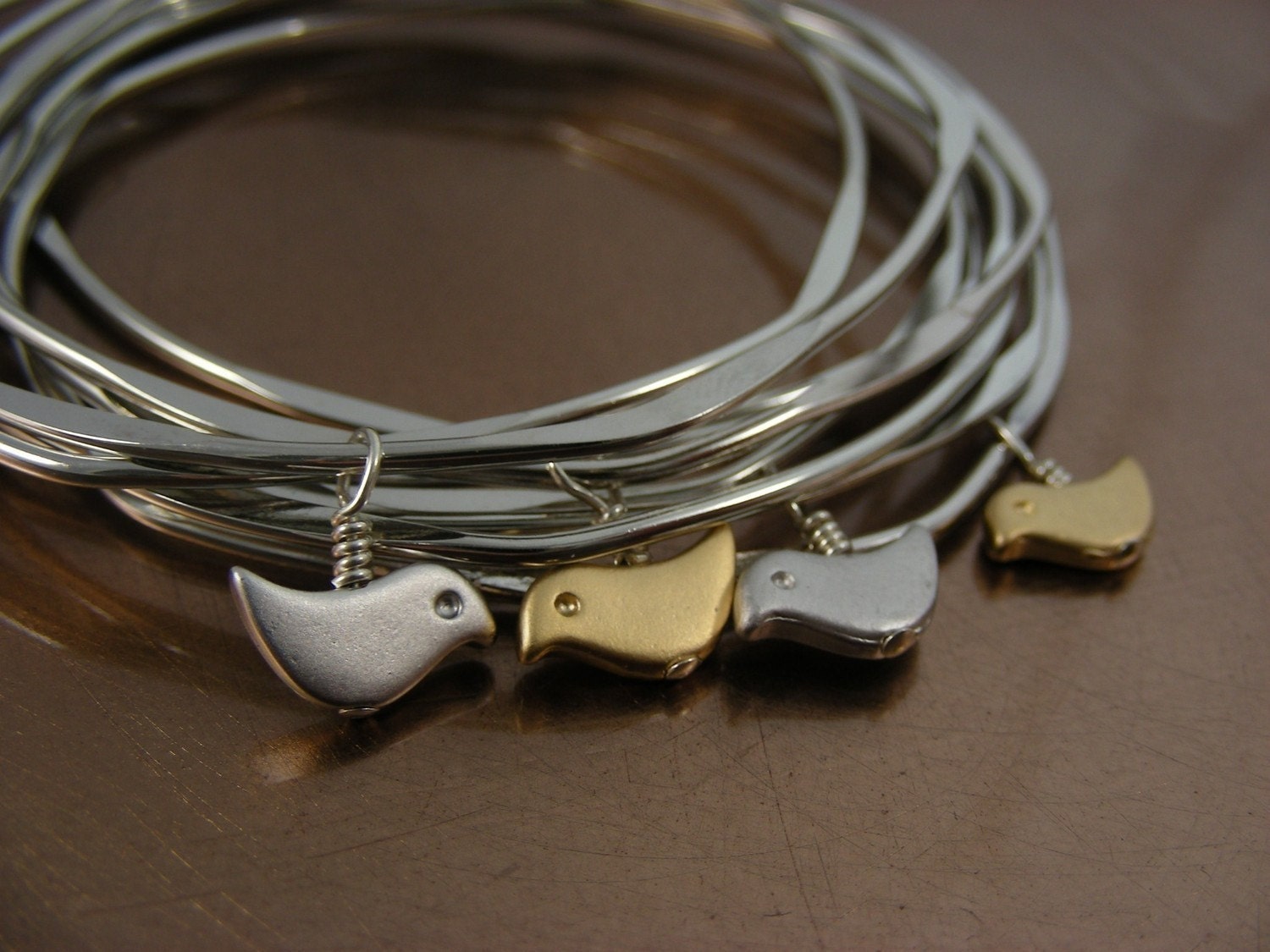 SALE  Birds Nest Bangles  -Set of 3 Silver Plated Bangles and 1 Gold Bird SALE
