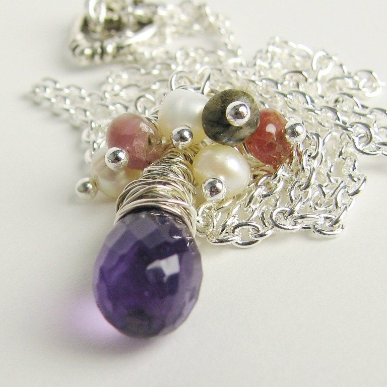 Amethyst, Tourmaline and Freshwater Pearls on sterling necklace