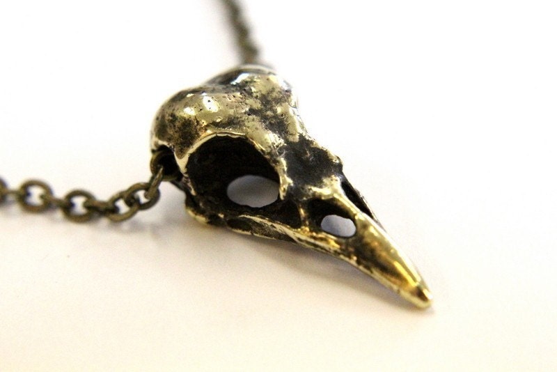Crow Skull  Necklace on 24" Chain - Bird - Antique Brass