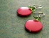 earrings Cherry Pop coated aluminum disc with green glass bead Christmas - Free Shipping