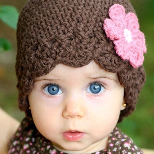 3 to 6 Month Daisy Flapper Beanie - chocolate, pastel pink, rose pink
