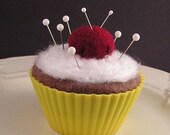 Cupcake Pincushion / Pin Cushion - Chocolate with Emery Cherry in Yellow Liner