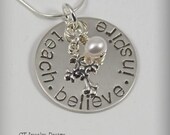 Hand Stamped Personalized Sterling Silver Jewelry Necklace Teach Believe Inspire Pendant with Cross Accent