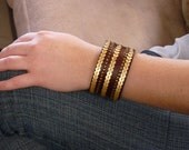Sequins and brass leather cuff bracelet, recycled