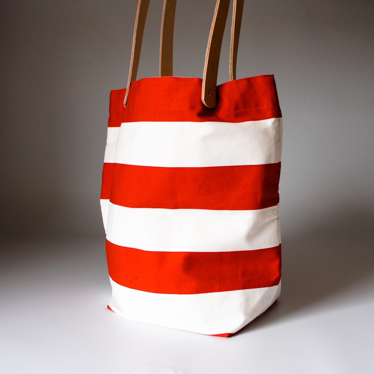 Striped Tokyo Tote - Red and White Horizontal Wide Stripe  - Natural Leather Straps MADE TO ORDER