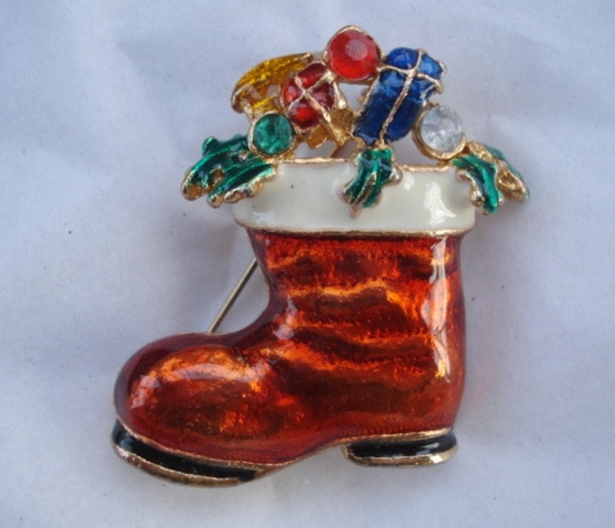 Vintage Christmas Stocking Brooch - Gold and Enamel with Rhinestones