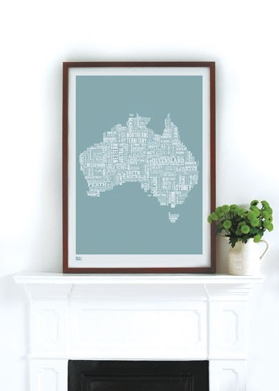 Australia Type Map in Duck Egg Blue - decorative screen print