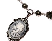 Steampunk Goth Jewelry - Necklace - White on Hazy Black Skeleton Lolita portrait Cameo - SilverTone