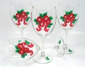 Gorgeous Red Ribbon and Holly Hand Painted Wine Glasses