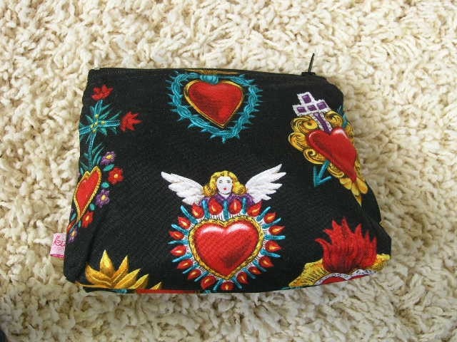 Black Sacred Heart Corazon Sagrado Zippered Purse Make-Up Bag LARGE - SugarKitty