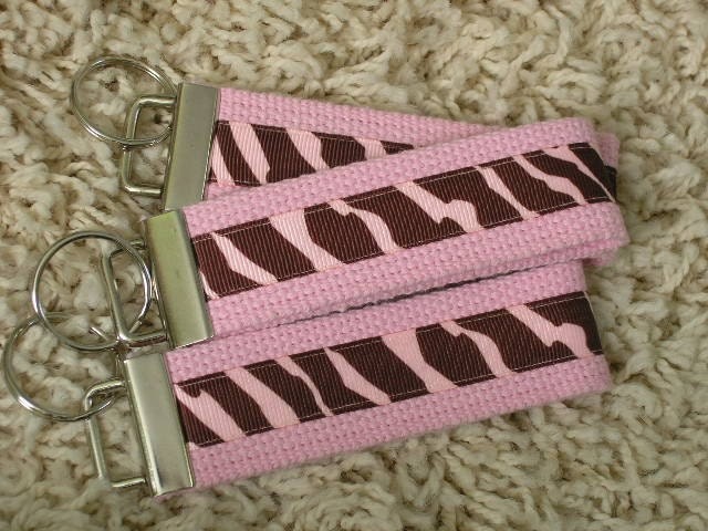 CLEARANCE SALE Pink with Pink & Brown Zebra Print Keychain Key Fob - SugarKitty