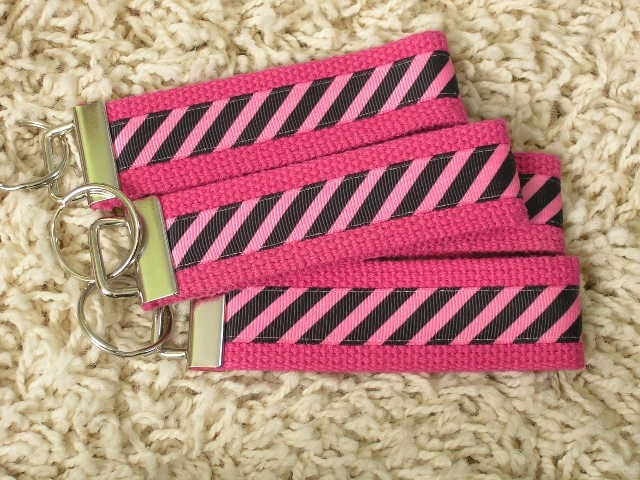 CLEARANCE SALE Pink with Pink & Black Diagonal Stripes Keychain Key Fob - SugarKitty