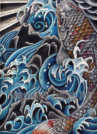 Koi in Waterfall art print by Sebastian Orth japanese style tattoo image fish water - OtherworldTattoo