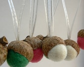 Candy Cane Ornaments, Acorn Christmas Tree Decorations, Needle Felted, Set of 12 Hanging Felted Acorns