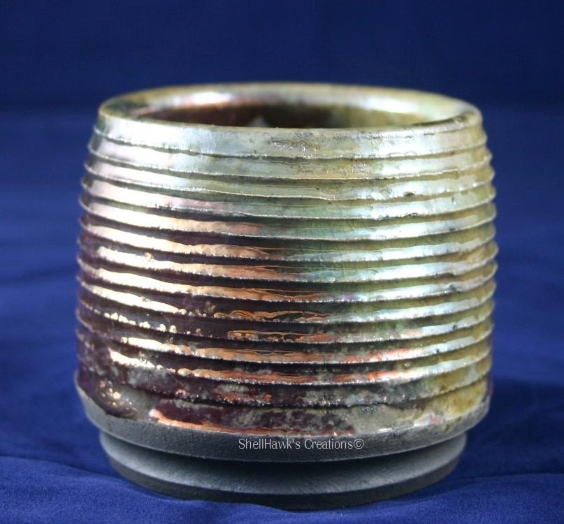 Metallic Copper and Green Raku Tea Bowl Cup Expedited Shipping