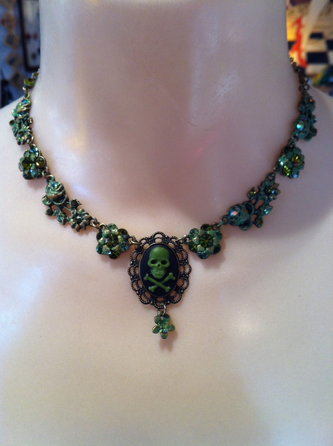Skull and Crossbones Cameo Vintage Style Necklace "Dead Flowers" Green