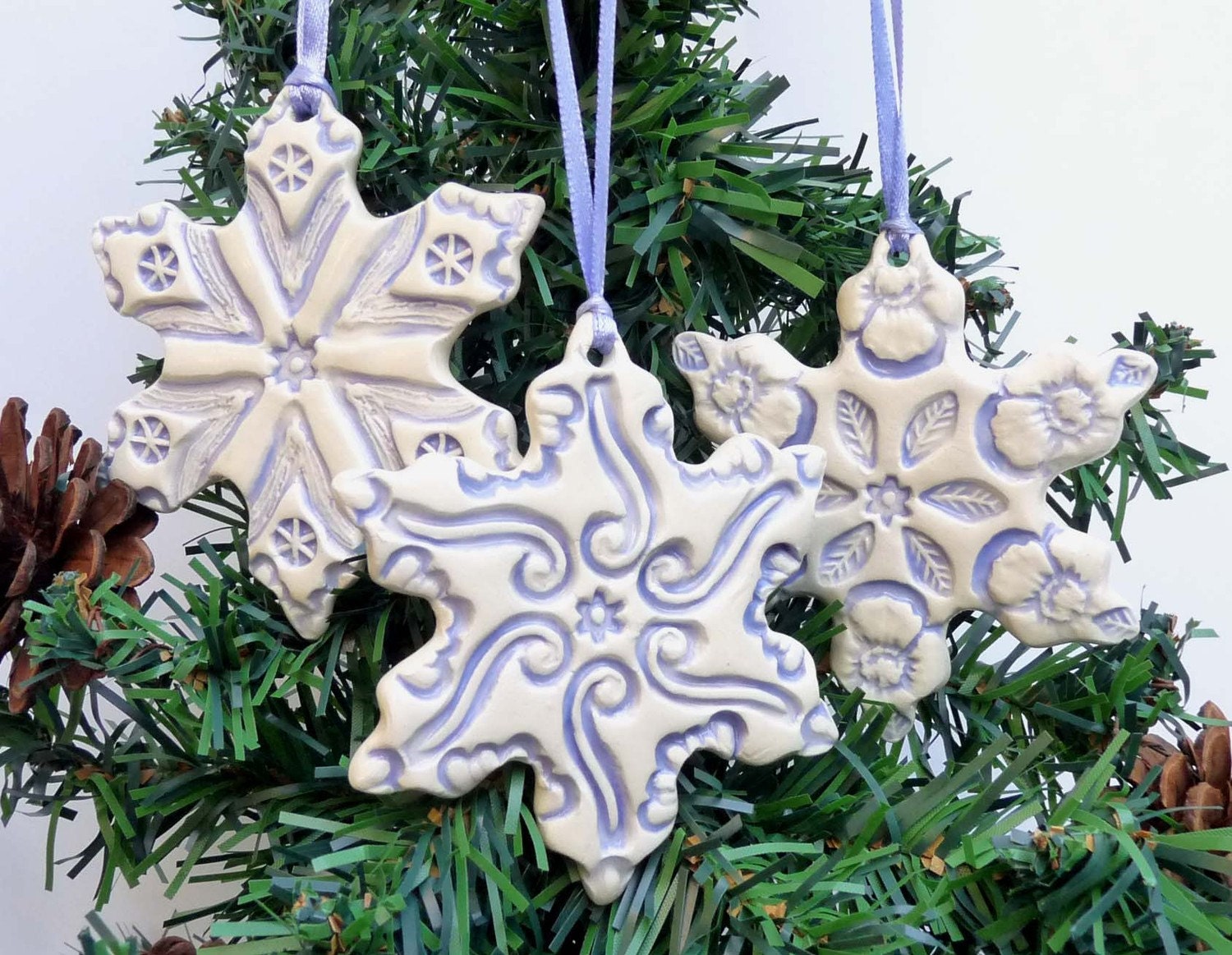 Christmas Ornament Ceramic Holiday Snowflake Ornaments Set of Three Blue and White Holiday Cheer