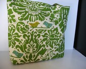 Love Birds...Large tote in a green damask