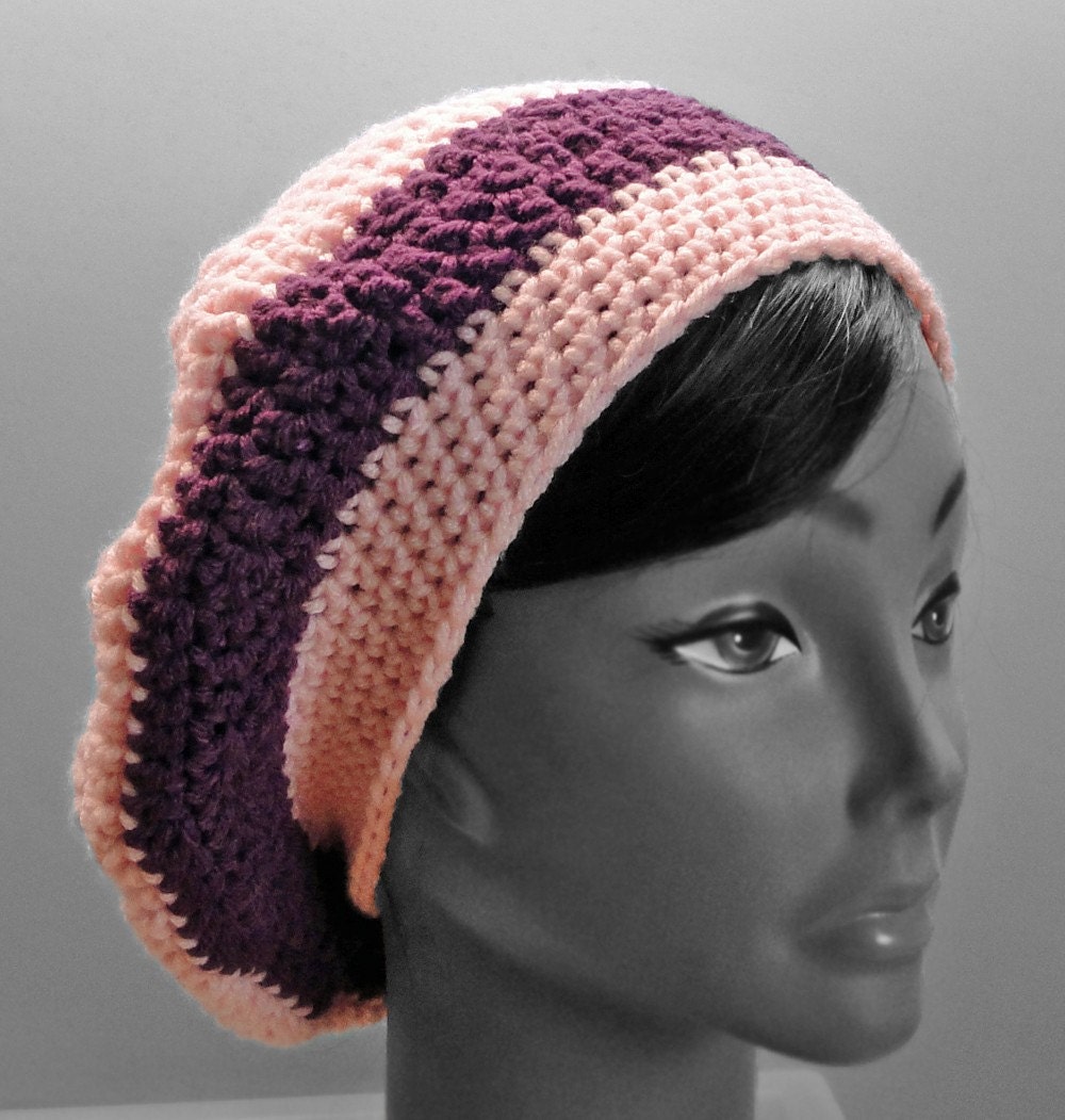 Slouchy Beret Hat - Pink & Mulberry - Hand Crocheted - Ready to Ship