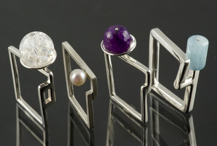 Sterling Silver and Gemstone Bead Trapazoid Rings