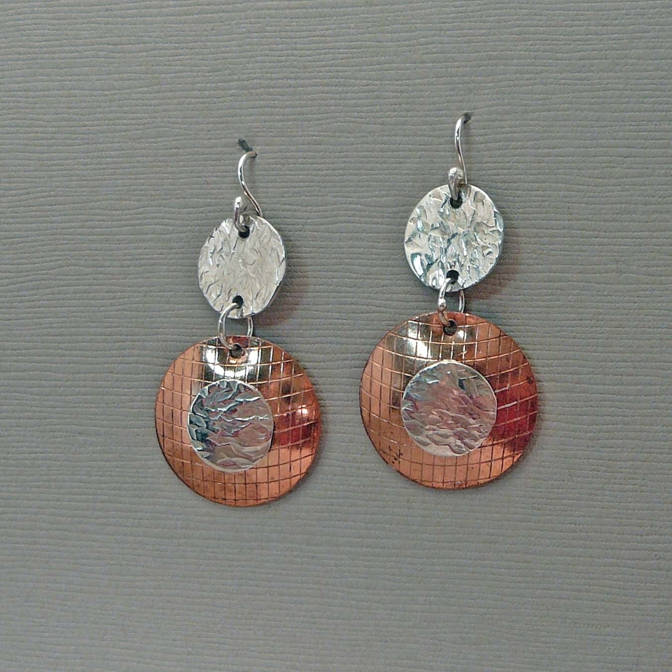 Handmade sterling silver and copper double dangle earrings
