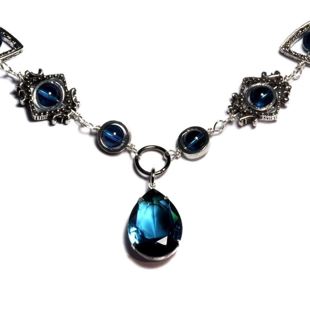 Steampunk Victorian Jewelry - Necklace - Dark Aqua Faceted Supreme Quality Diamond Cut Glass Gem Stone Jewel