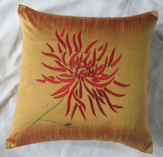 gold  throw pillow with red chrysanthemum embroidery 16X16 inch decorative cushion cover
