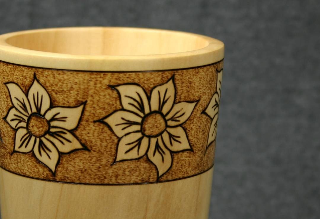 English Walnut Pen and Pencil Holder with Woodburned Flowers
