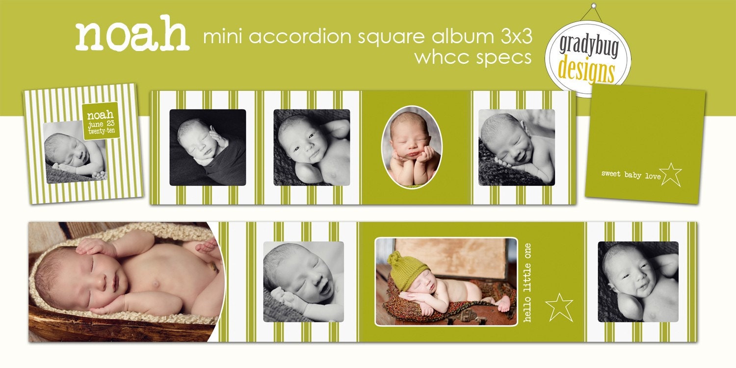 Noah  Accordion Square Mini Book Template - 3 inches x 3 inches - Templates for Photographers - for families, newborns, children, kids